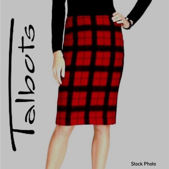 TALBOTS Plaid Windowpane Wool Blend Lined Pencil Skirt Red Black (4) - Picture 1 of 14